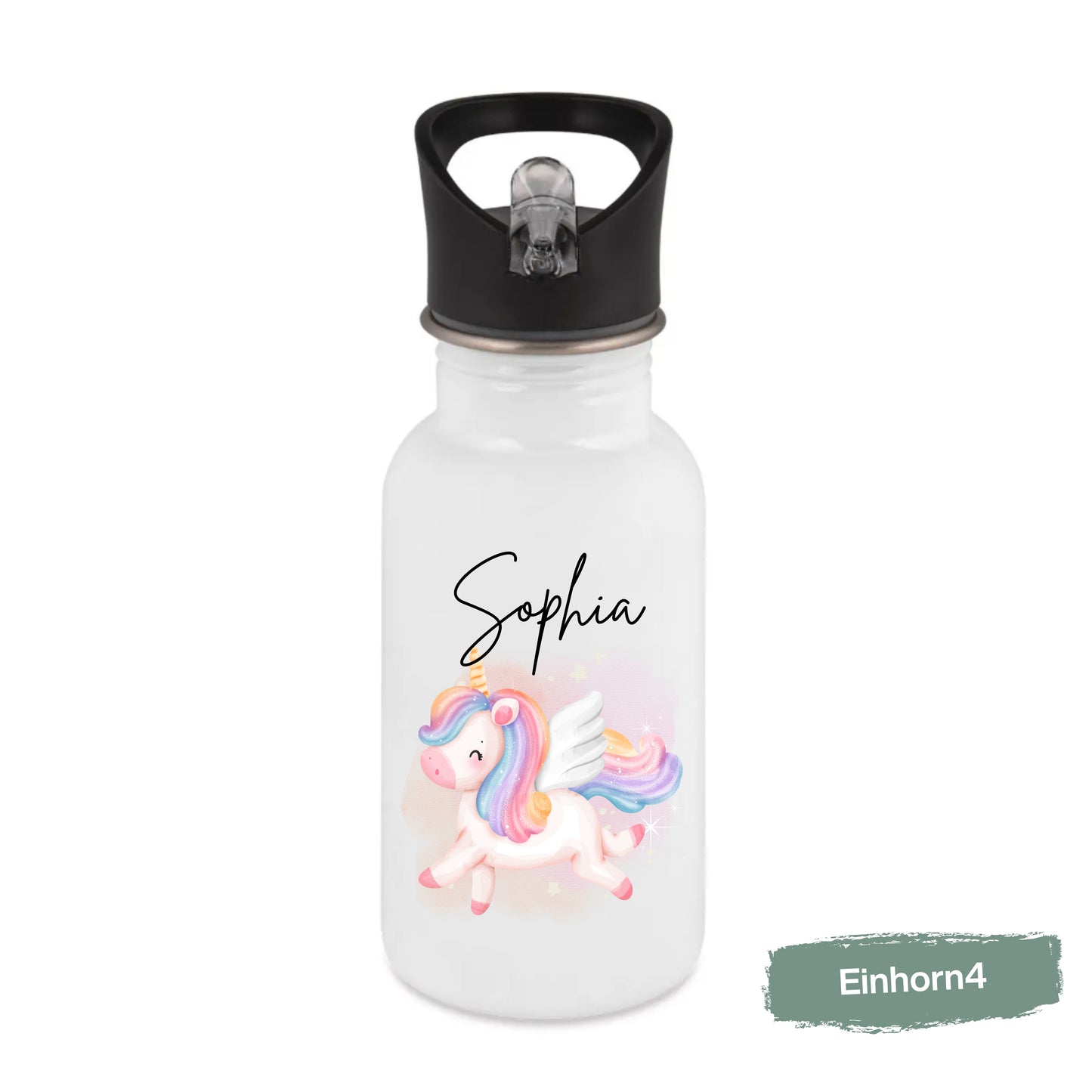 Einhorn Trinkflasche Kinder personalisiert mit Namen | Edelstahl Kinder Trinkflasche mit Strohhalm