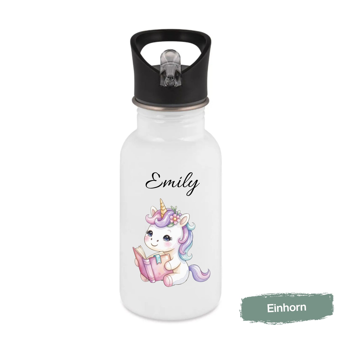 Trinkflasche Kinder personalisiert mit Namen | Dino Axolotl Löwe Einhorn Pferde | Edelstahl Kinder Trinkflasche mit Strohhalm