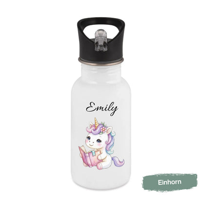 Trinkflasche Kinder personalisiert mit Namen | Dino Axolotl Löwe Einhorn Pferde | Edelstahl Kinder Trinkflasche mit Strohhalm
