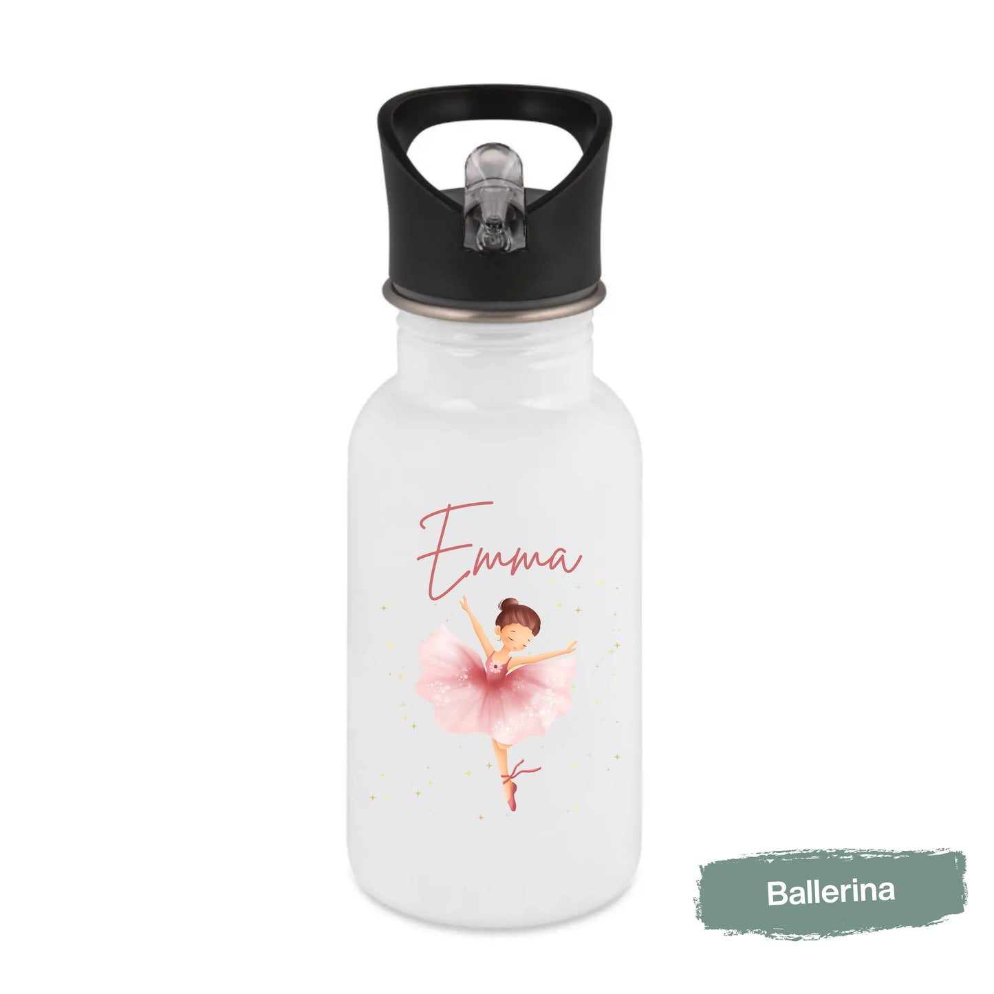 Trinkflasche Kinder personalisiert mit Namen | Prinzessin Meerjungfrau Ballerina Fee | Edelstahl Kinder Trinkflasche mit Strohhalm