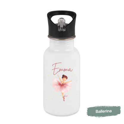 Trinkflasche Kinder personalisiert mit Namen | Prinzessin Meerjungfrau Ballerina Fee | Edelstahl Kinder Trinkflasche mit Strohhalm