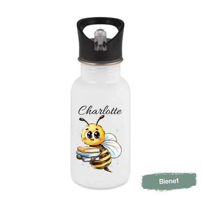 Personalisierte Trinkflasche Kinder mit Namen | Hase Biene Pinguin | Edelstahl Kinder Trinkflasche mit Strohhalm | Kindergarten Schule
