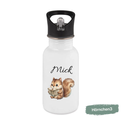 Personalisierte Trinkflasche Kinder mit Namen | Fuchs & Eichhörnchen Edelstahl Kinder Trinkflasche mit Strohhalm | Kindergarten Schule