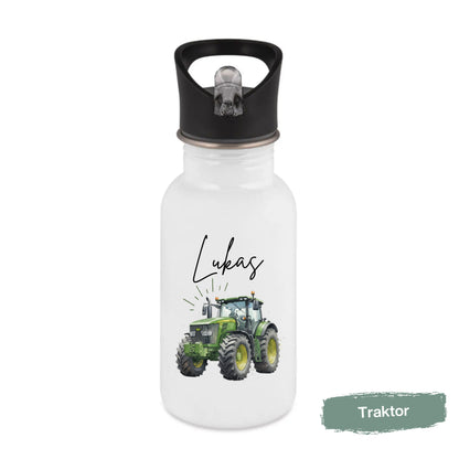 Trinkflasche Kinder personalisiert mit Namen und Fahrzeugen | Edelstahl Kinder Trinkflasche mit Strohhalm