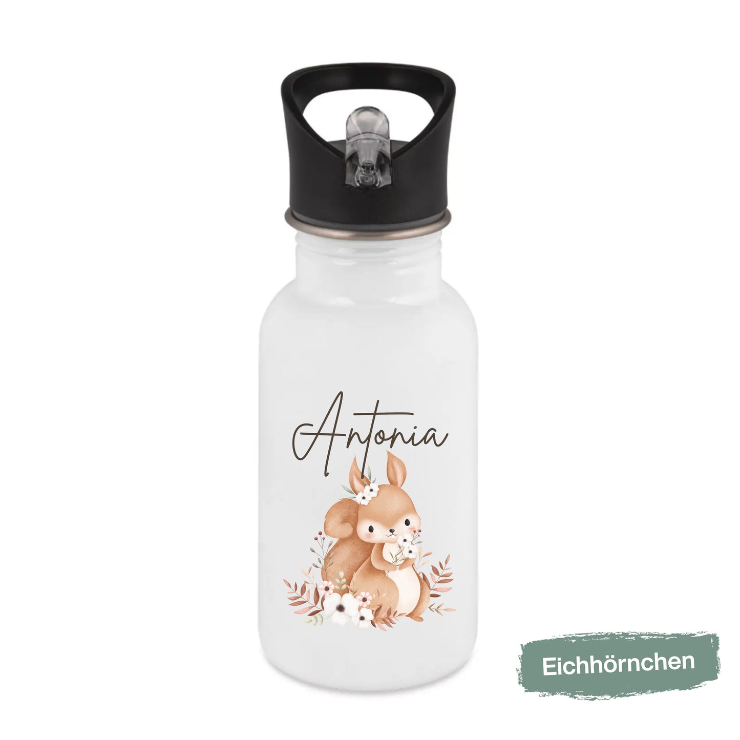 Trinkflasche Kinder personalisiert mit Namen | Waschbär Maus Fuchs Bär Eichhörnchen | Edelstahl Kinder Trinkflasche mit Strohhalm