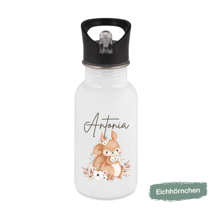 Trinkflasche Kinder personalisiert mit Namen | Waschbär Maus Fuchs Bär Eichhörnchen | Edelstahl Kinder Trinkflasche mit Strohhalm