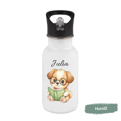 Personalisierte Trinkflasche Kinder mit Namen | Hund Edelstahl Kinder Trinkflasche mit Strohhalm | Kindergarten Schule