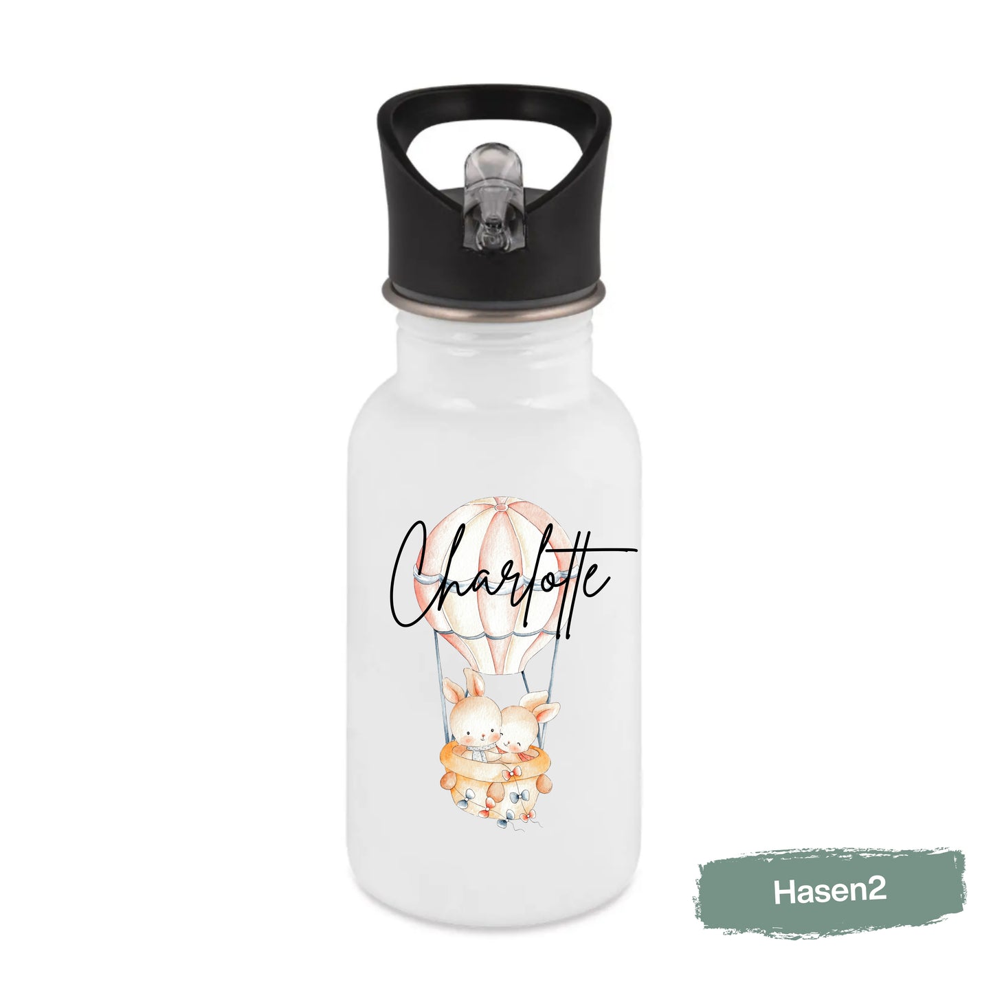 Trinkflasche Kinder personalisiert mit Namen | Pferd Reh Pony Hase | Edelstahl Kinder Trinkflasche mit Strohhalm