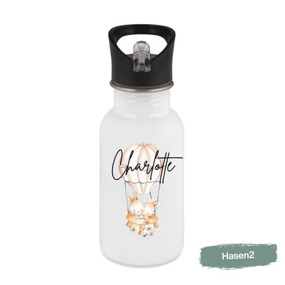 Trinkflasche Kinder personalisiert mit Namen | Pferd Reh Pony Hase | Edelstahl Kinder Trinkflasche mit Strohhalm