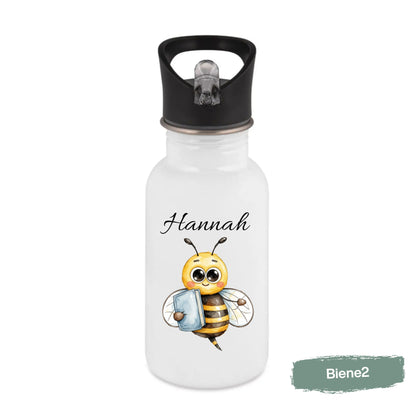 Personalisierte Trinkflasche Kinder mit Namen | Hase Biene Pinguin | Edelstahl Kinder Trinkflasche mit Strohhalm | Kindergarten Schule
