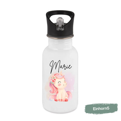 Einhorn Trinkflasche Kinder personalisiert mit Namen | Edelstahl Kinder Trinkflasche mit Strohhalm