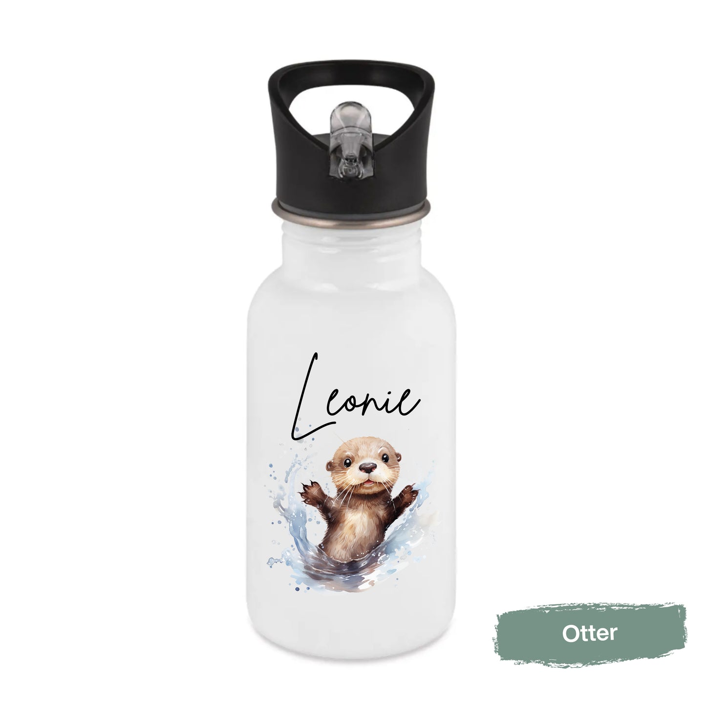 Trinkflasche Kinder personalisiert mit Namen | Panda Koala Otter Erdmännchen Leopard | Edelstahl Kinder Trinkflasche mit Strohhalm