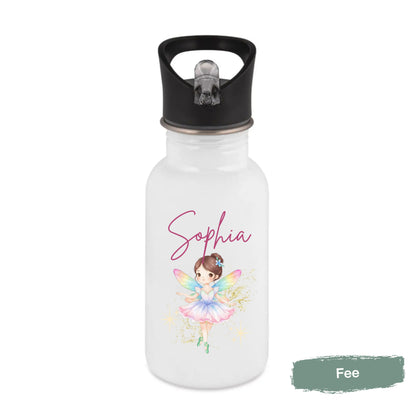 Trinkflasche Kinder personalisiert mit Namen | Prinzessin Meerjungfrau Ballerina Fee | Edelstahl Kinder Trinkflasche mit Strohhalm