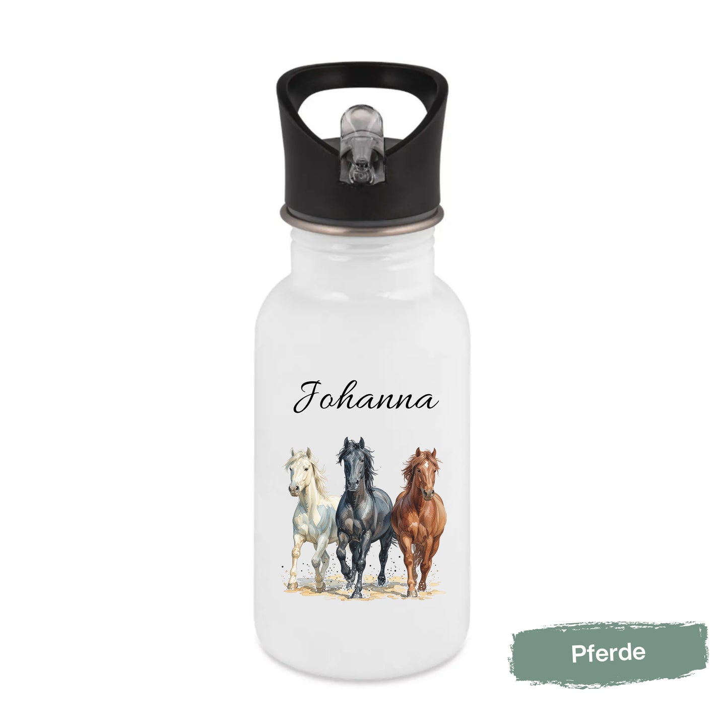 Trinkflasche Kinder personalisiert mit Namen | Dino Axolotl Löwe Einhorn Pferde | Edelstahl Kinder Trinkflasche mit Strohhalm