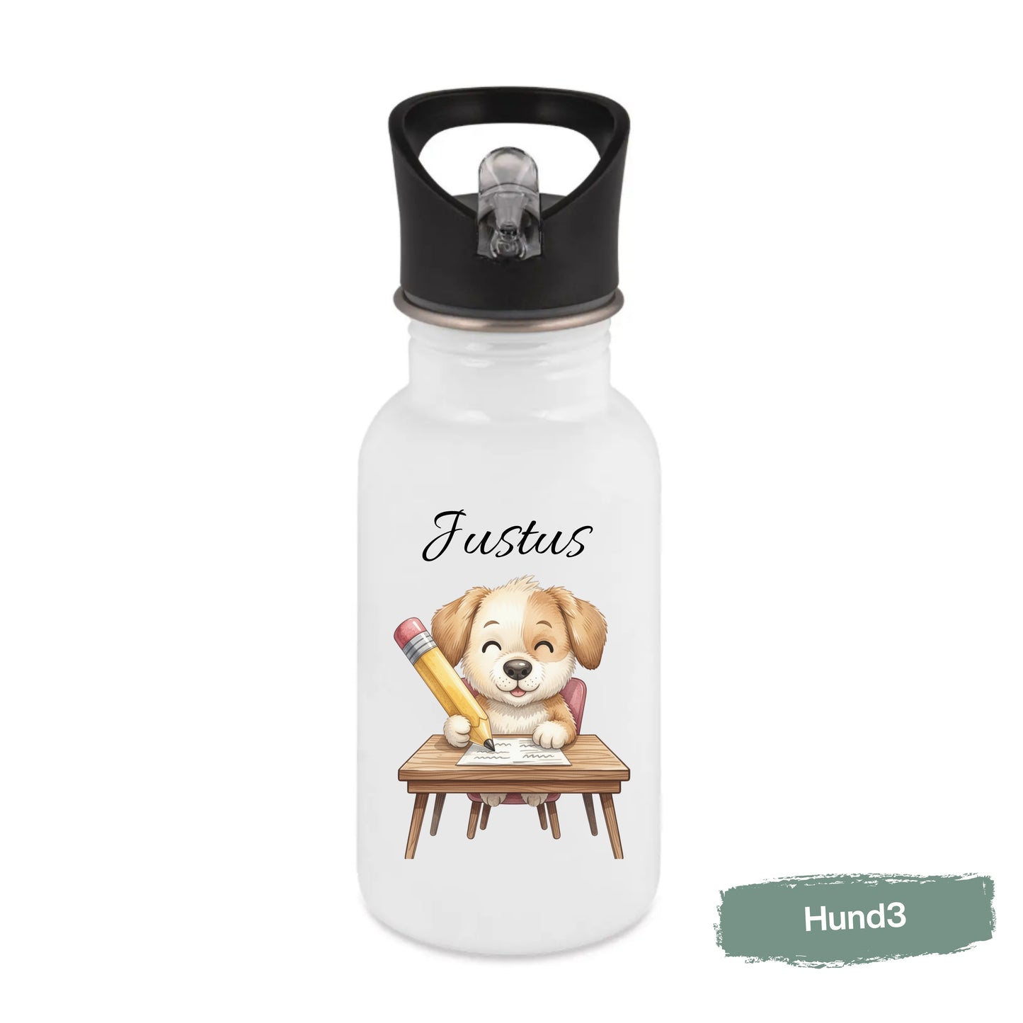 Personalisierte Trinkflasche Kinder mit Namen | Hund Edelstahl Kinder Trinkflasche mit Strohhalm | Kindergarten Schule