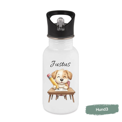 Personalisierte Trinkflasche Kinder mit Namen | Hund Edelstahl Kinder Trinkflasche mit Strohhalm | Kindergarten Schule