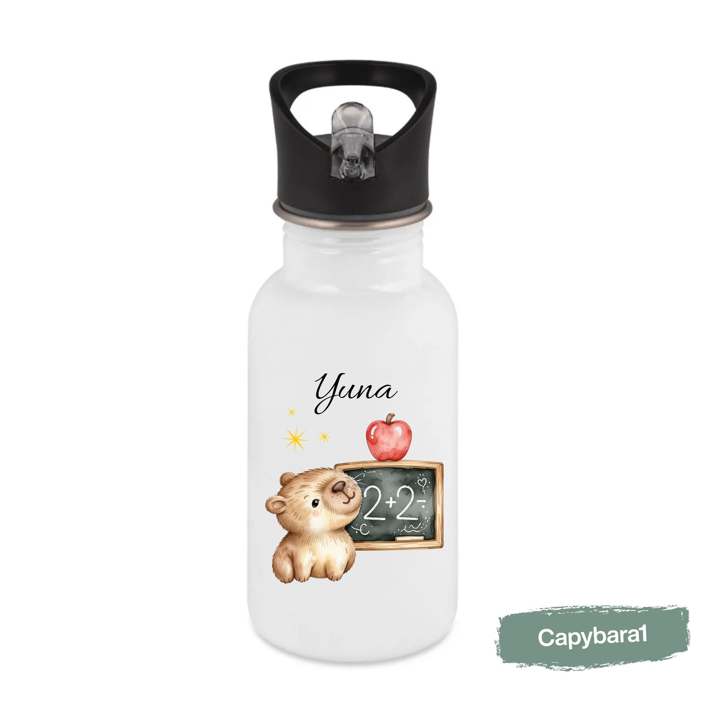 Personalisierte Trinkflasche Kinder mit Namen | Dino & Capybara | Edelstahl Kinder Trinkflasche mit Strohhalm | Kindergarten Schule