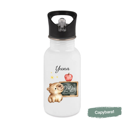 Personalisierte Trinkflasche Kinder mit Namen | Dino & Capybara | Edelstahl Kinder Trinkflasche mit Strohhalm | Kindergarten Schule