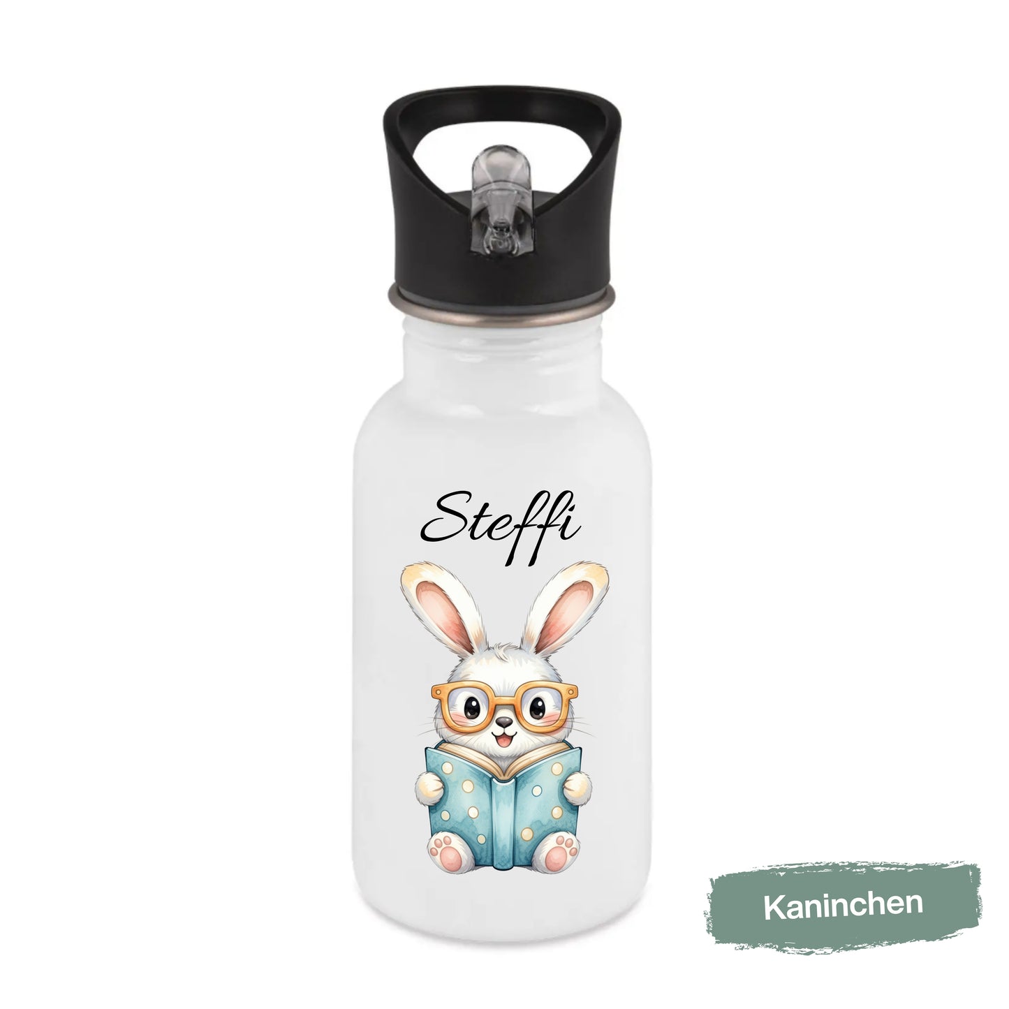 Personalisierte Trinkflasche Kinder mit Namen | Hase Biene Pinguin | Edelstahl Kinder Trinkflasche mit Strohhalm | Kindergarten Schule