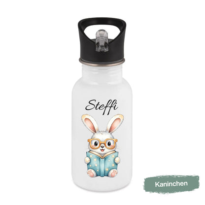 Personalisierte Trinkflasche Kinder mit Namen | Hase Biene Pinguin | Edelstahl Kinder Trinkflasche mit Strohhalm | Kindergarten Schule