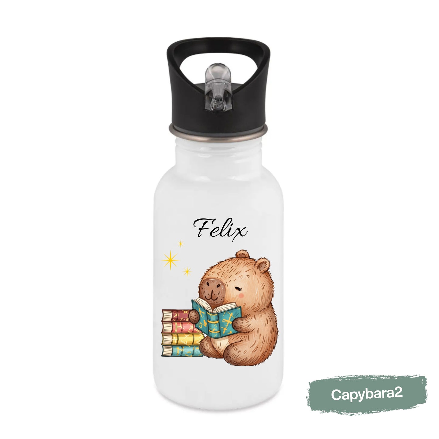 Personalisierte Trinkflasche Kinder mit Namen | Dino & Capybara | Edelstahl Kinder Trinkflasche mit Strohhalm | Kindergarten Schule