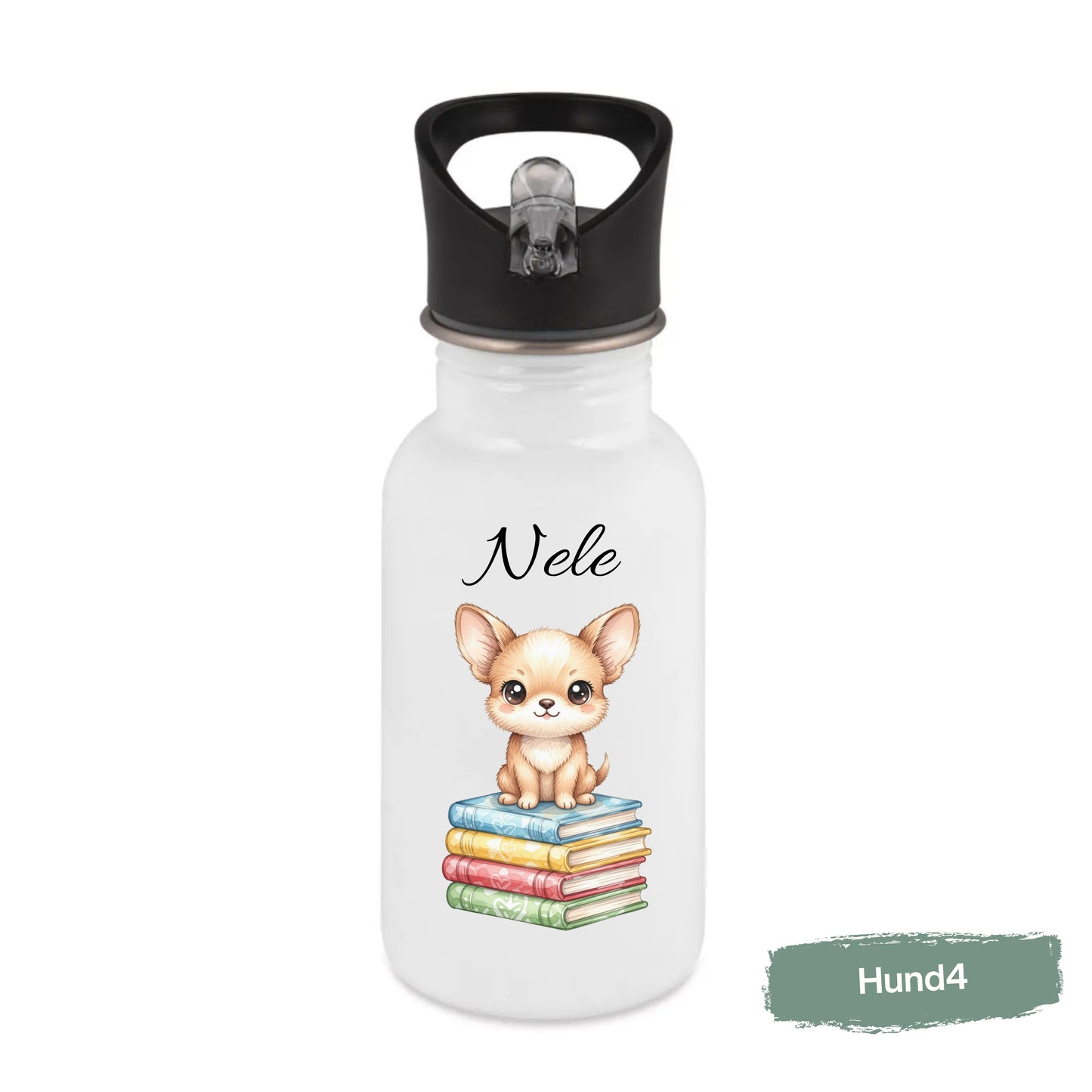 Personalisierte Trinkflasche Kinder mit Namen | Hund Edelstahl Kinder Trinkflasche mit Strohhalm | Kindergarten Schule