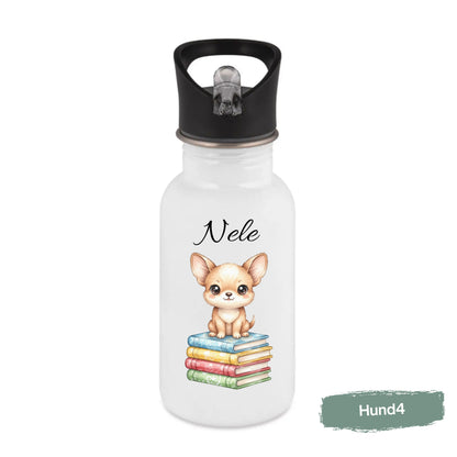 Personalisierte Trinkflasche Kinder mit Namen | Hund Edelstahl Kinder Trinkflasche mit Strohhalm | Kindergarten Schule
