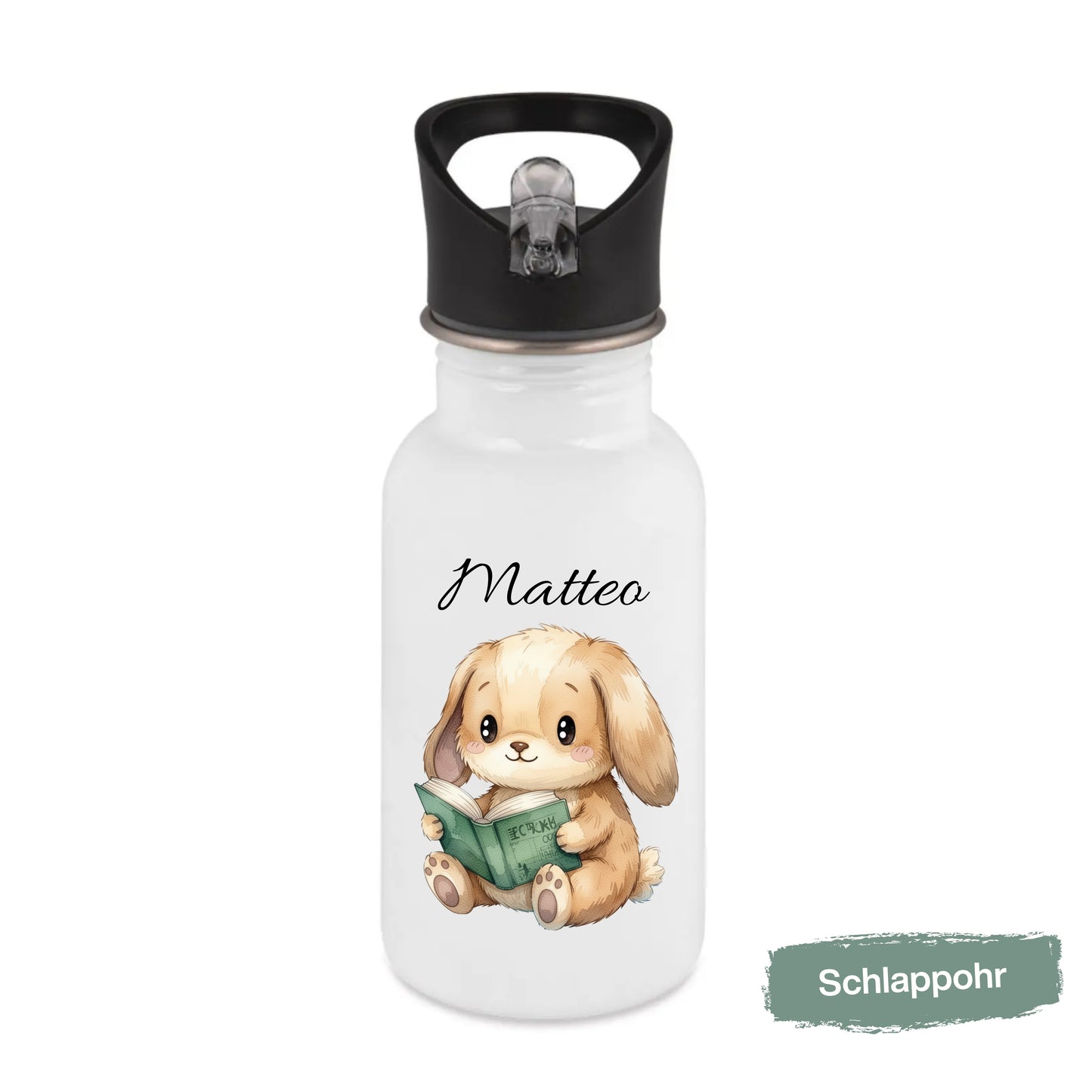 Personalisierte Trinkflasche Kinder mit Namen | Hase Biene Pinguin | Edelstahl Kinder Trinkflasche mit Strohhalm | Kindergarten Schule