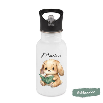Personalisierte Trinkflasche Kinder mit Namen | Hase Biene Pinguin | Edelstahl Kinder Trinkflasche mit Strohhalm | Kindergarten Schule