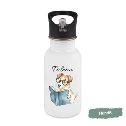 Personalisierte Trinkflasche Kinder mit Namen | Hund Edelstahl Kinder Trinkflasche mit Strohhalm | Kindergarten Schule