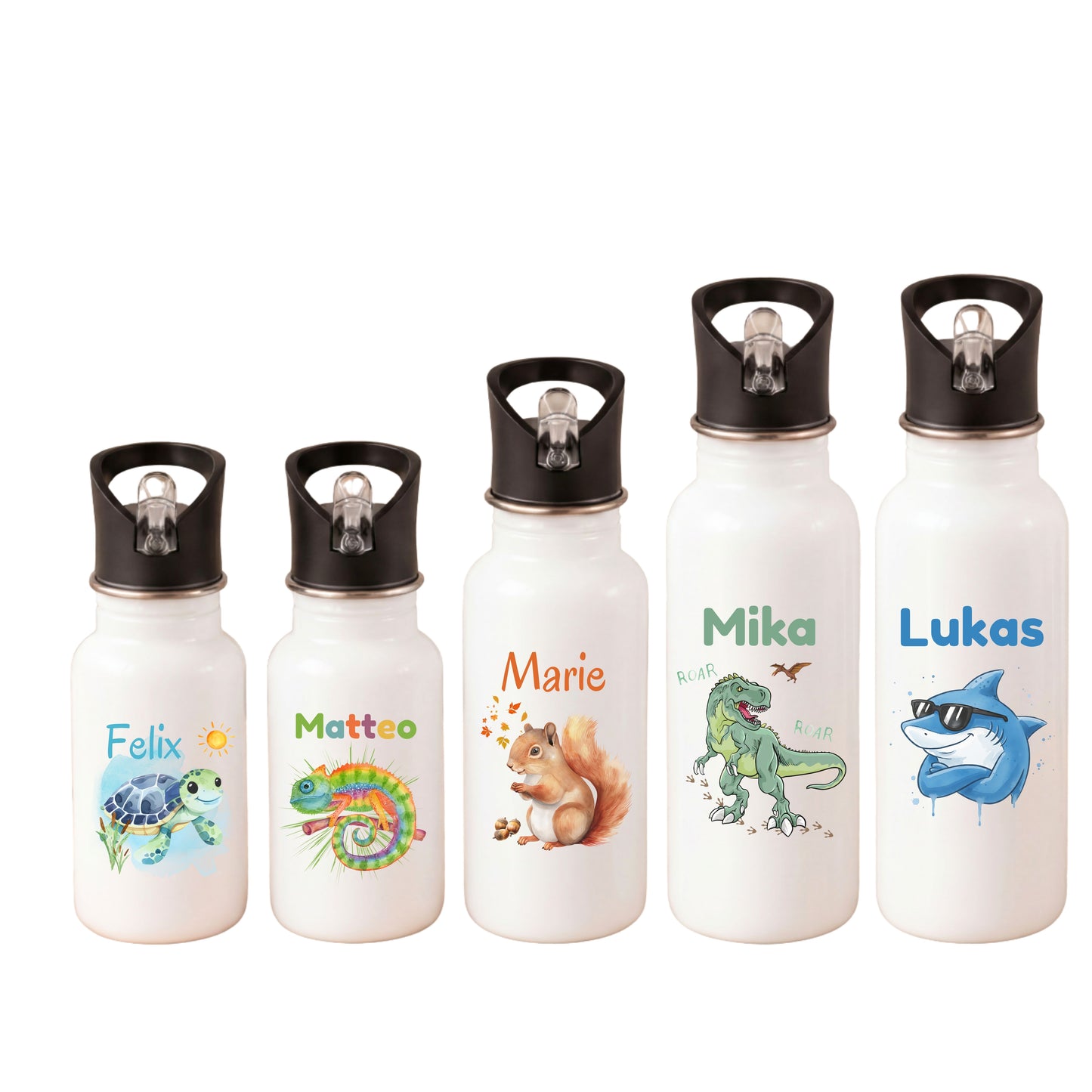 Trinkflasche Kinder personalisiert mit Namen mit Tieren | Edelstahl Kinder Trinkflasche mit Strohhalm