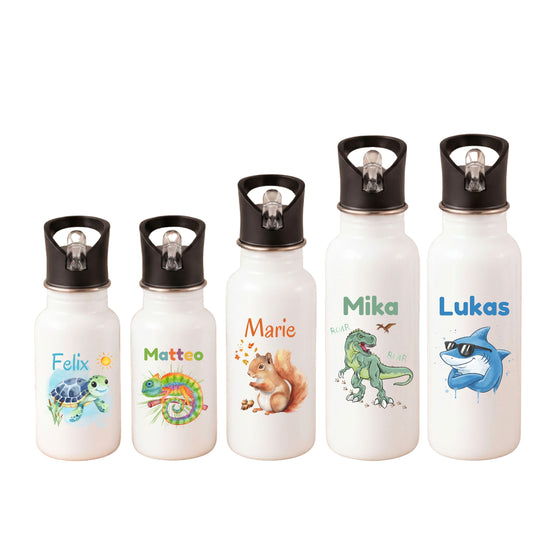 Trinkflasche Kinder personalisiert mit Namen mit Tieren | Edelstahl Kinder Trinkflasche mit Strohhalm