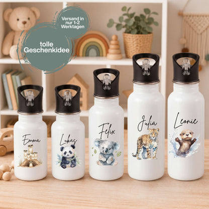 Trinkflasche Kinder personalisiert mit Namen | Panda Koala Otter Erdmännchen Leopard | Edelstahl Kinder Trinkflasche mit Strohhalm