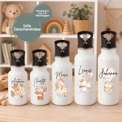 Personalisierte Trinkflasche Kinder mit Namen aus Edelstahl für Kindergarten, Kita und Schule. Kinder Trinkflasche mit Strohhalm und Tragegriff in 400 ml, 500 ml oder 600 ml. Personalisierte Kinderflasche mit Pferd, Pony, Rehkitz und Hasen Motiv im liebevollen Aquarellstil. Edelstahl Trinkflasche mit Wunschname als Geschenk zum Kita-Start, Geschenk zur Einschulung, Geburtstagsgeschenk oder Kindergarten Geschenk. Hochwertige Kinder Trinkflasche für Jungen und Mädchen. Trinkflasche für Kinder