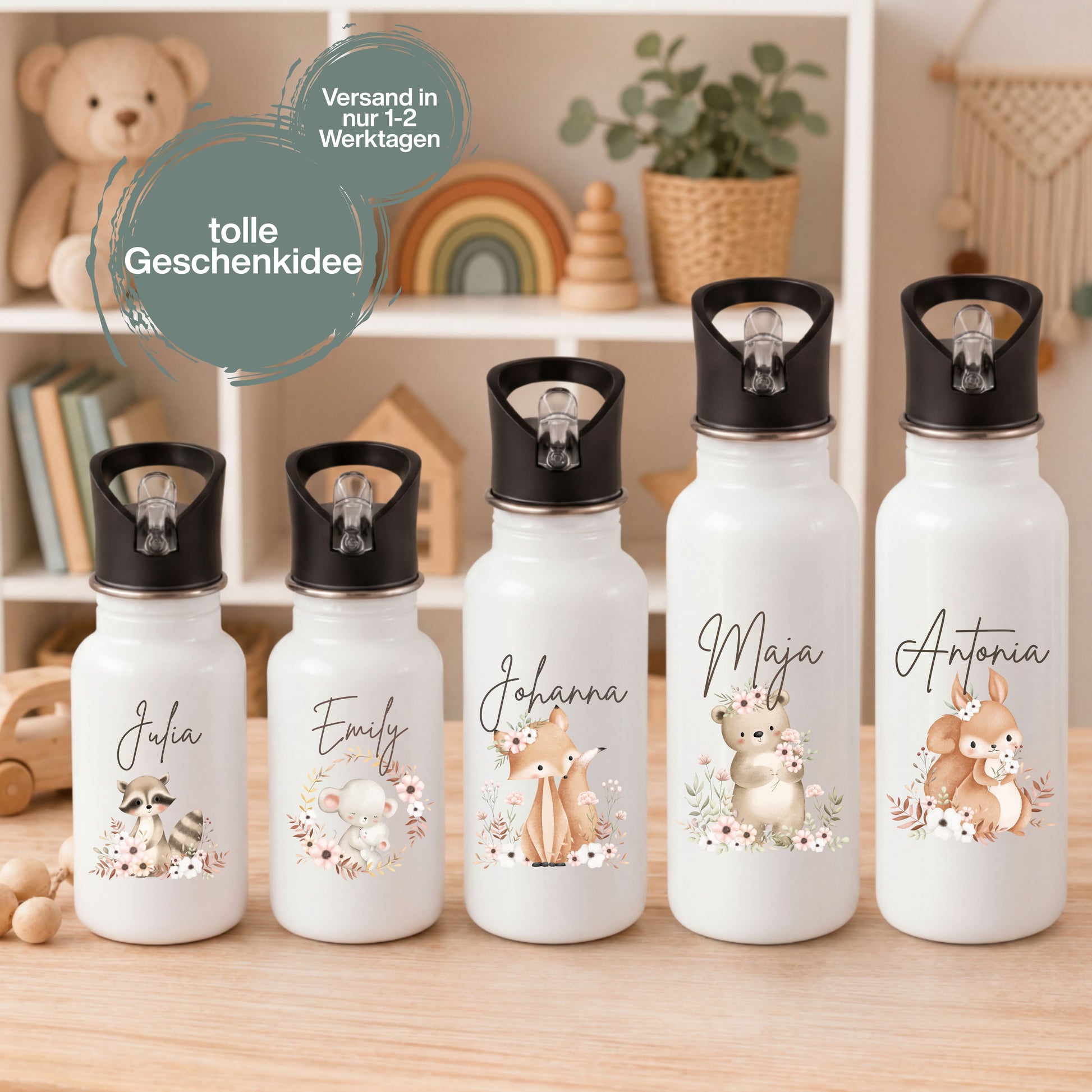 Personalisierte Trinkflasche Kinder mit Namen aus Edelstahl für Kindergarten, Kita und Schule. Kinder Trinkflasche mit Strohhalm und Tragegriff in 400 ml, 500 ml oder 600 ml. Personalisierte Kinderflasche mit Waschbär, Maus, Bär, Fuchs und Eichhörnchen Motiv für Jungen und Mädchen. Edelstahl Trinkflasche mit Wunschname als Geschenk zum Kita-Start, Geschenk zur Einschulung, Geburtstagsgeschenk oder Kindergarten Geschenk. Hochwertige Kinder Trinkflasche für den täglichen Einsatz in Kita und Schule