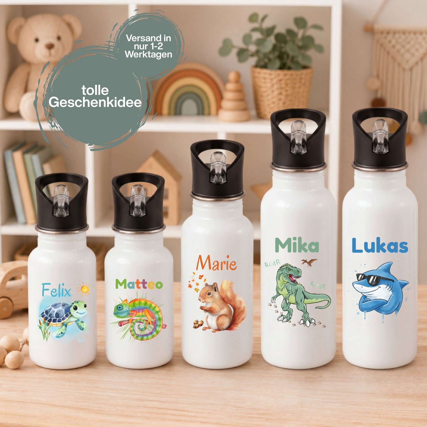Trinkflasche Kinder personalisiert mit Namen mit Tieren | Edelstahl Kinder Trinkflasche mit Strohhalm