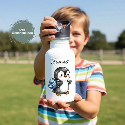 Personalisierte Trinkflasche Kinder mit Namen | Hase Biene Pinguin | Edelstahl Kinder Trinkflasche mit Strohhalm | Kindergarten Schule