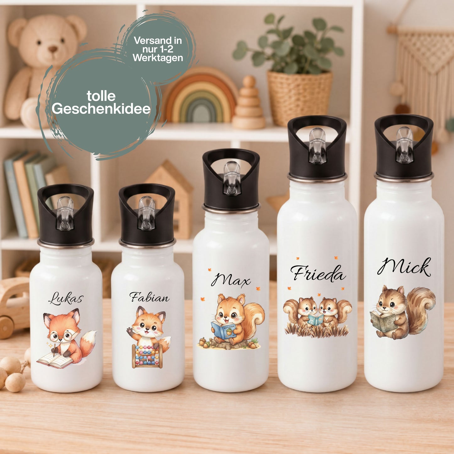 Personalisierte Trinkflasche Kinder mit Namen | Fuchs & Eichhörnchen Edelstahl Kinder Trinkflasche mit Strohhalm | Kindergarten Schule