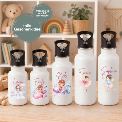 Personalisierte Trinkflasche Kinder mit Namen aus Edelstahl für Kindergarten, Kita und Schule. Kinder Trinkflasche mit Strohhalm und Tragegriff in 400 ml, 500 ml oder 600 ml. Personalisierte Kinderflasche mit Prinzessin, Meerjungfrau, Ballerina und Fee im liebevollen Aquarellstil. Edelstahl Trinkflasche mit Wunschname als Geschenk zum Kita-Start, Geschenk zur Einschulung, Geburtstagsgeschenk oder Kindergarten Geschenk. Hochwertige Kinder Trinkflasche für Mädchen mit individuellem Namen.