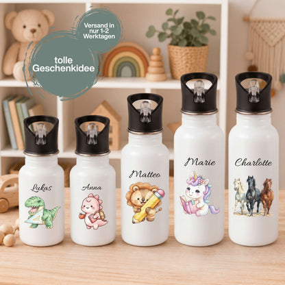 Trinkflasche Kinder personalisiert mit Namen | Dino Axolotl Löwe Einhorn Pferde | Edelstahl Kinder Trinkflasche mit Strohhalm