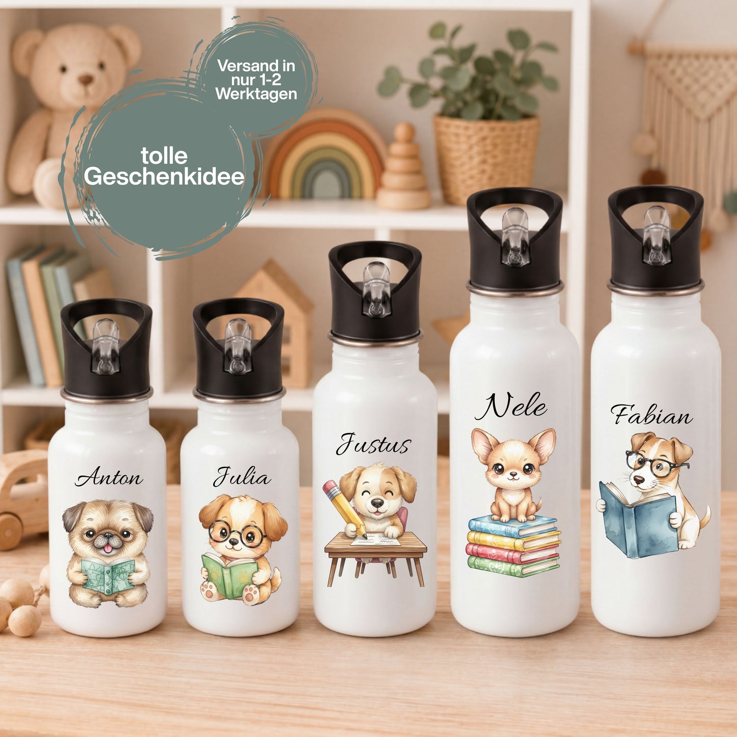 Personalisierte Trinkflasche Kinder mit Namen | Hund Edelstahl Kinder Trinkflasche mit Strohhalm | Kindergarten Schule