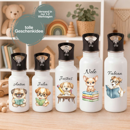Personalisierte Trinkflasche Kinder mit Namen | Hund Edelstahl Kinder Trinkflasche mit Strohhalm | Kindergarten Schule
