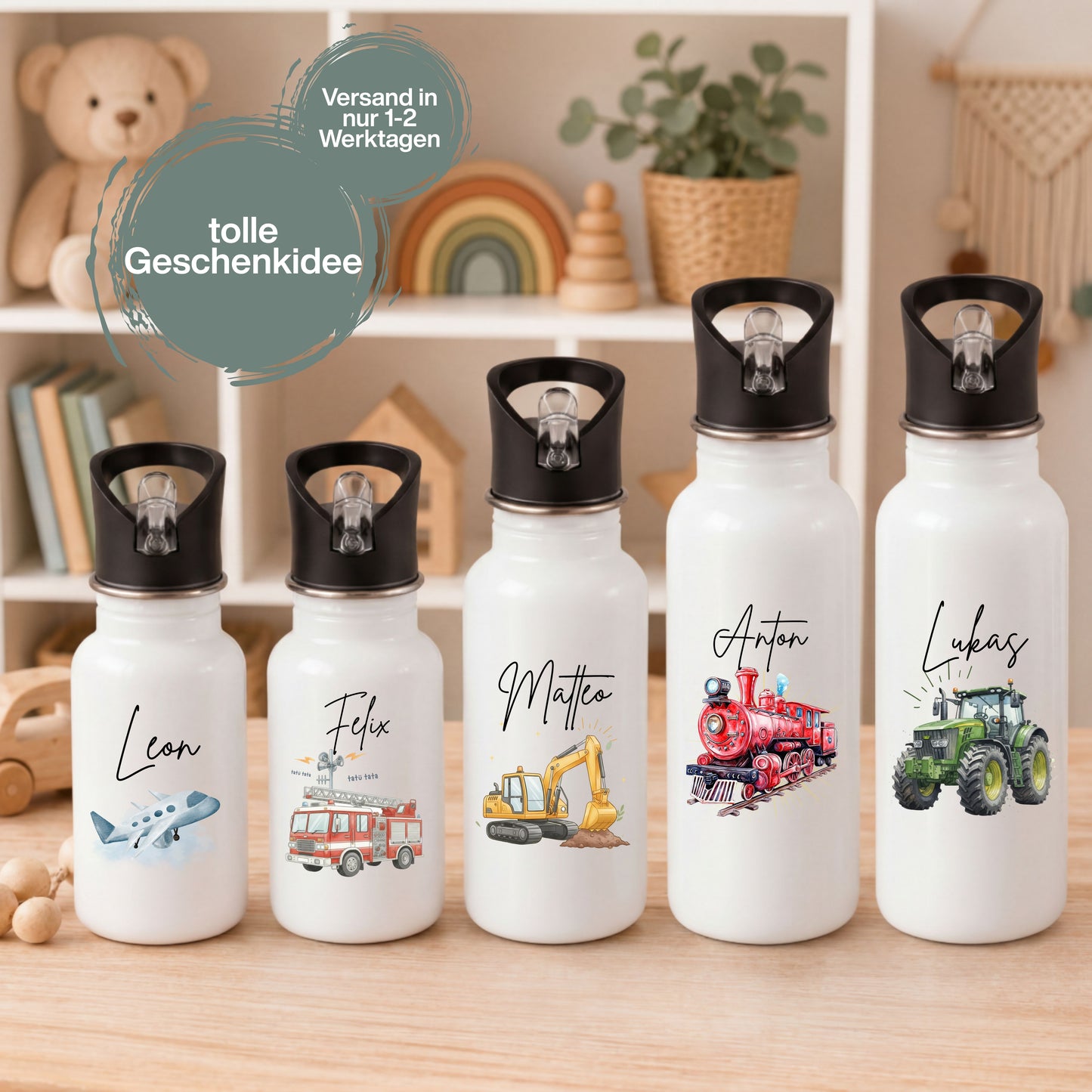 Trinkflasche Kinder personalisiert mit Namen und Fahrzeugen | Edelstahl Kinder Trinkflasche mit Strohhalm