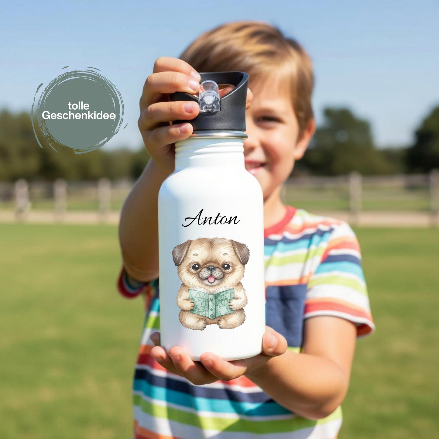 Personalisierte Trinkflasche Kinder mit Namen | Hund Edelstahl Kinder Trinkflasche mit Strohhalm | Kindergarten Schule