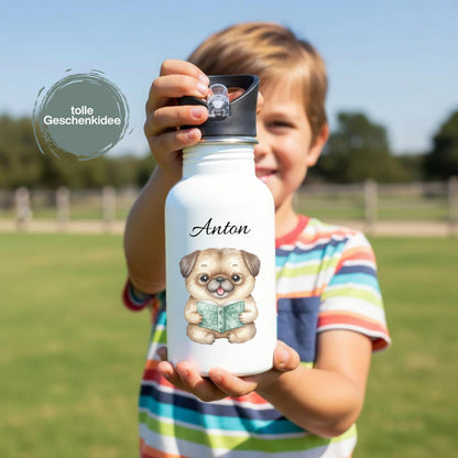 Personalisierte Trinkflasche Kinder mit Namen | Hund Edelstahl Kinder Trinkflasche mit Strohhalm | Kindergarten Schule