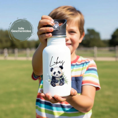 Trinkflasche Kinder personalisiert mit Namen | Panda Koala Otter Erdmännchen Leopard | Edelstahl Kinder Trinkflasche mit Strohhalm