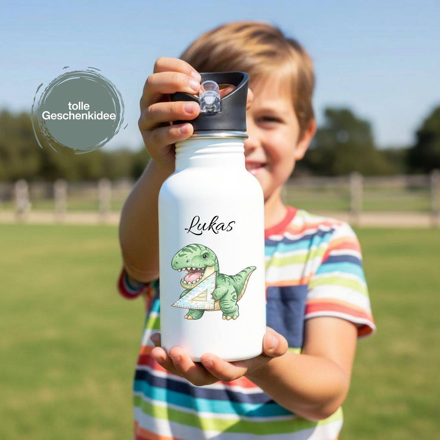 Trinkflasche Kinder personalisiert mit Namen | Dino Axolotl Löwe Einhorn Pferde | Edelstahl Kinder Trinkflasche mit Strohhalm