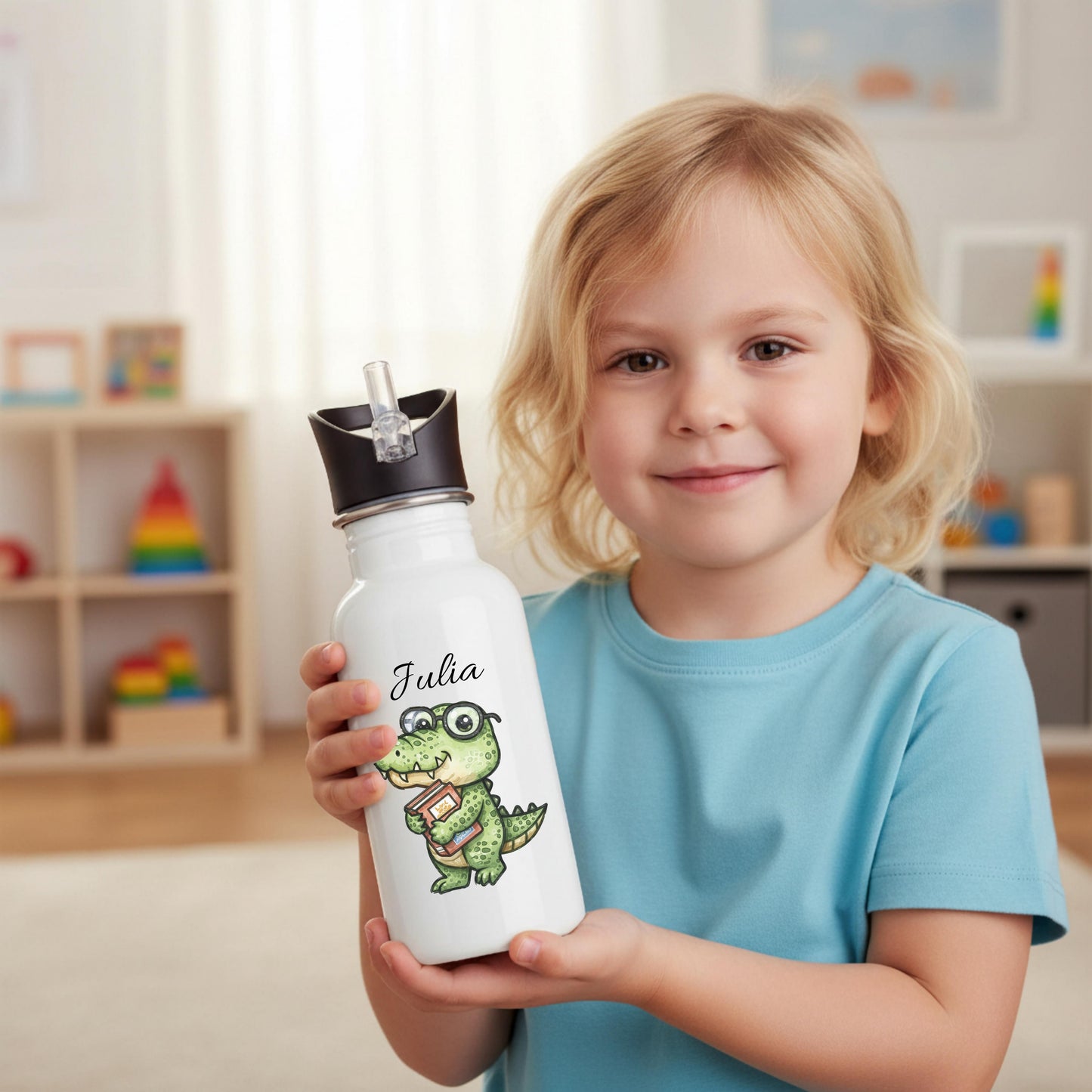 Personalisierte Trinkflasche Kinder mit Namen | Dino & Capybara | Edelstahl Kinder Trinkflasche mit Strohhalm | Kindergarten Schule