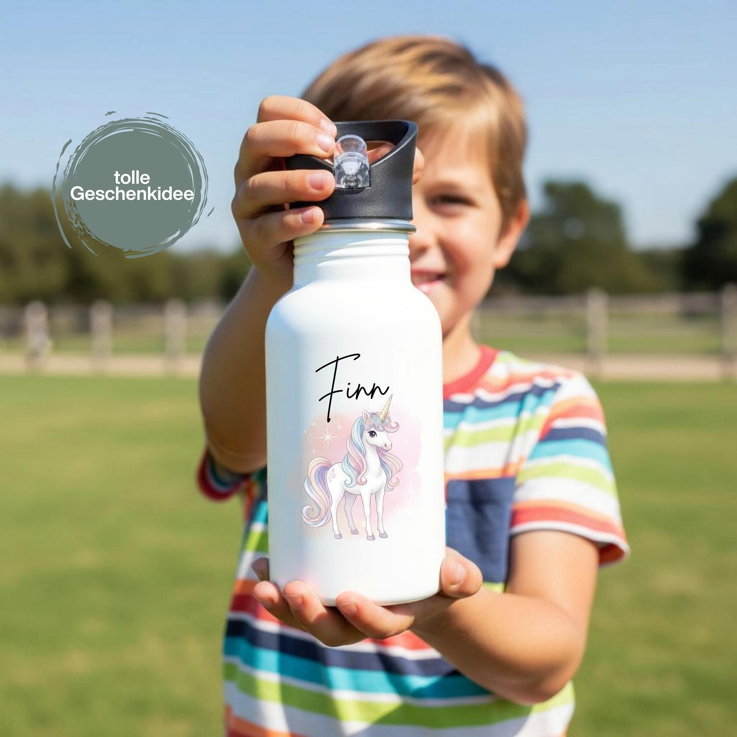 Einhorn Trinkflasche Kinder personalisiert mit Namen | Edelstahl Kinder Trinkflasche mit Strohhalm