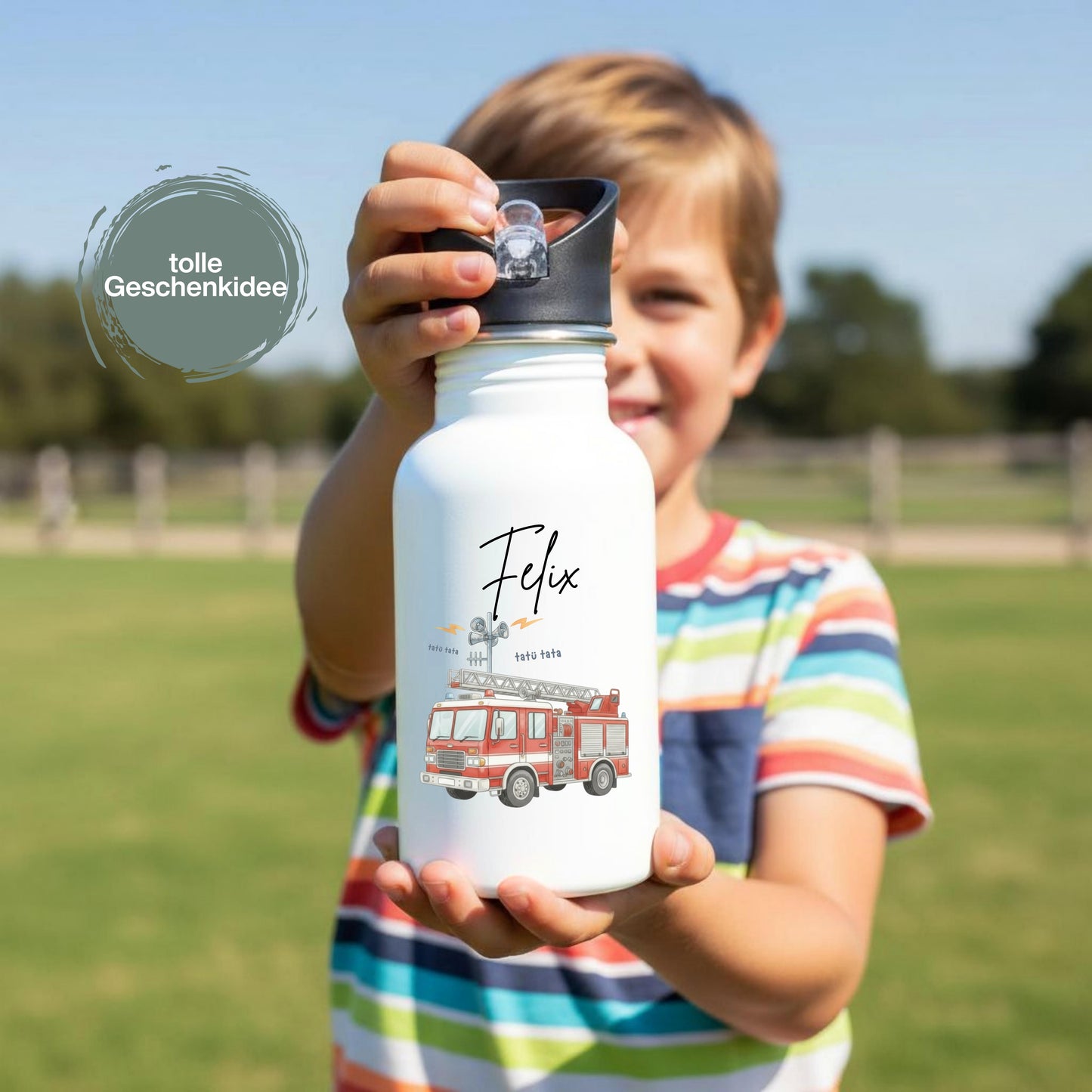 Trinkflasche Kinder personalisiert mit Namen und Fahrzeugen | Edelstahl Kinder Trinkflasche mit Strohhalm